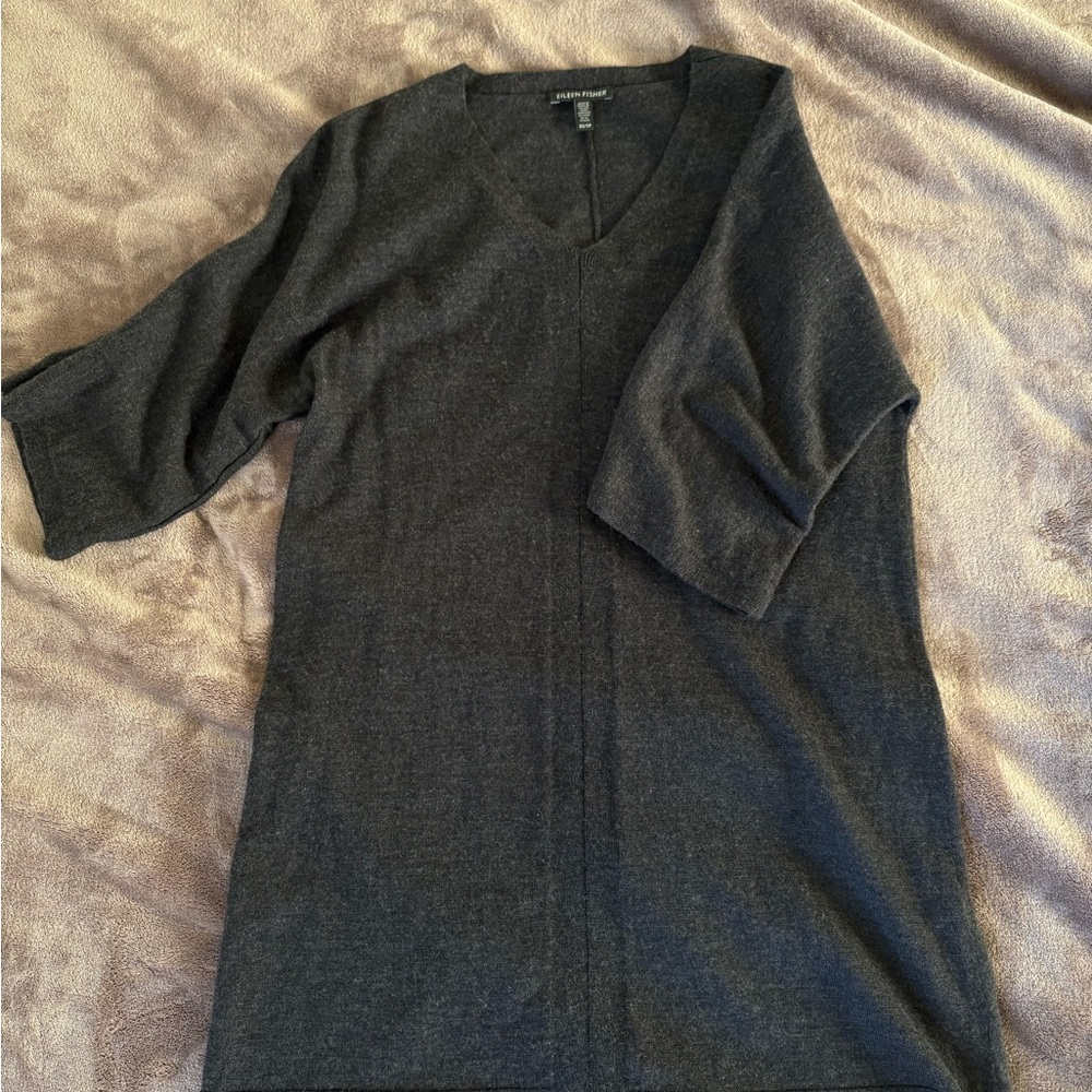 Eileen Fisher Dark Gray Long Tunic Oversized Tunic Top XSmall 100% Merino Wool